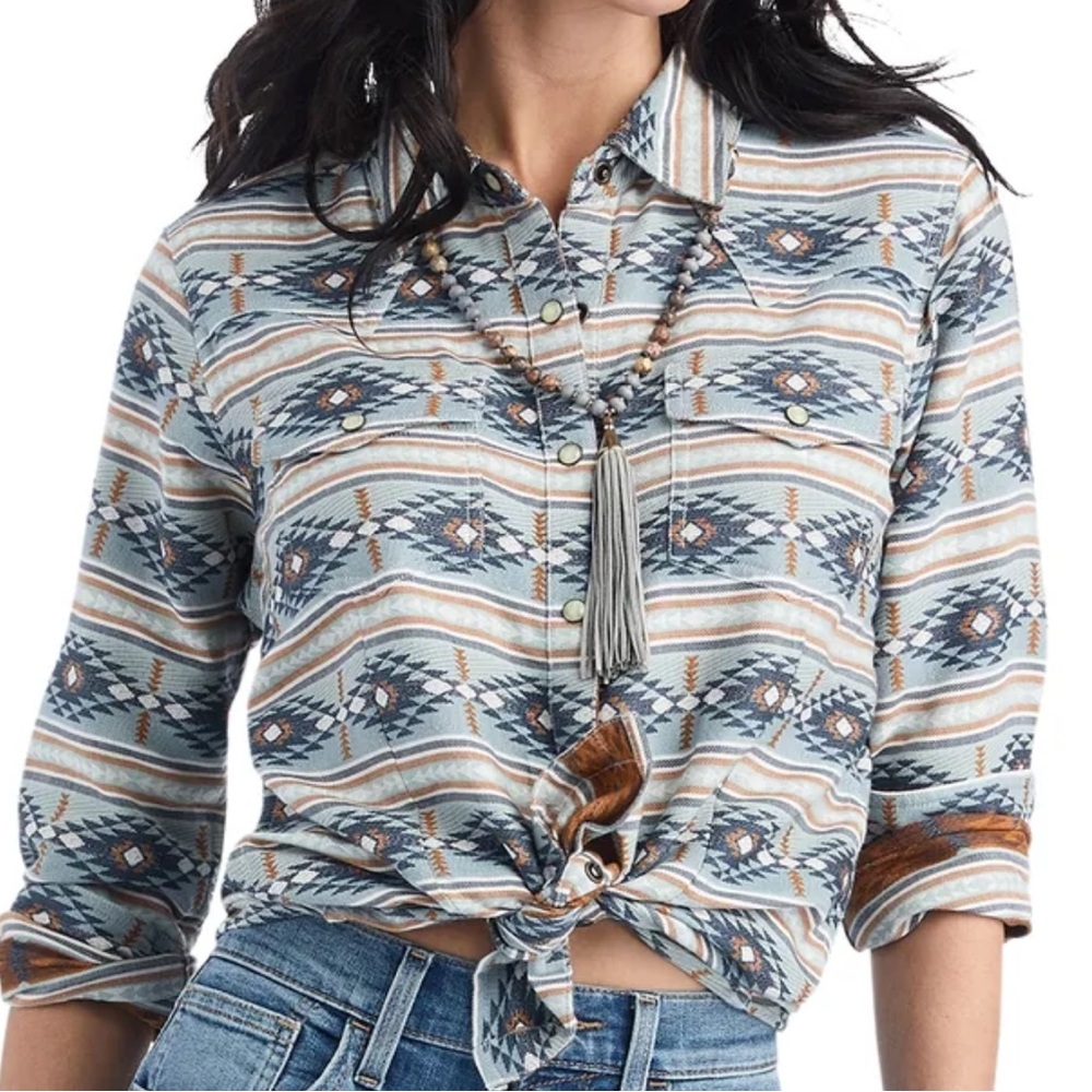 Ariat Women's Blue and Brown Patterned Button-Down Shirt
